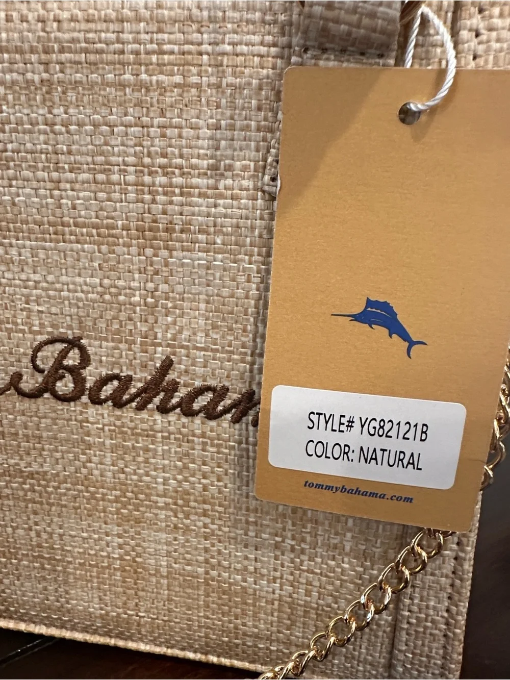 Tommy Bahama Beige Woven Tote with Bamboo Handles & Gold Chain